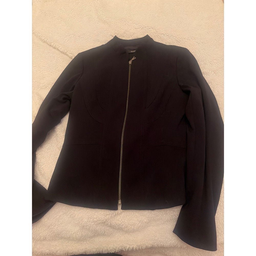 Tahari Womens Black Zip Up Blazer Jacket Mock Neck Stretch Size M